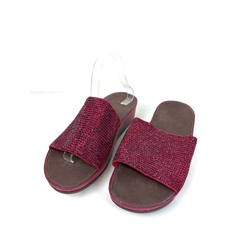 FitFlop Ginny Glitz Slide Sandals 9 Berry Red Rhinestone Slip On Wedge Resort